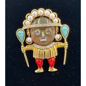 Kenneth Lane JKL Gold Plated, Lucite, Rhinestones Aztec Medicine Man Pin Brooch